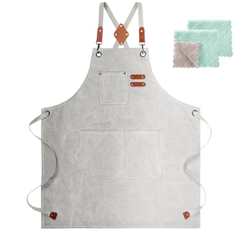 ZOMAO White Chef Aprons for Men Women with Large Pockets,Cotton Canvas Cross Back Apron,Kitchen Cooking Baking Bib Heavy Duty Adjustable Work Apron - color: Beige