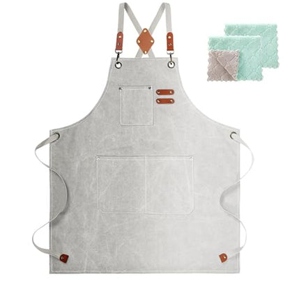 ZOMAO White Chef Aprons for Men Women with Large Pockets,Cotton Canvas Cross Back Apron,Kitchen Cooking Baking Bib Heavy Duty Adjustable Work Apron - color: Beige