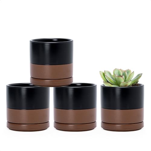 D'vine Dev 4-Pack Ceramic Pots with Saucers, Black/Tan, 3.5 in, 94-X-A-7 - color: Black/Speckled Tan, size: 3.5 Inch