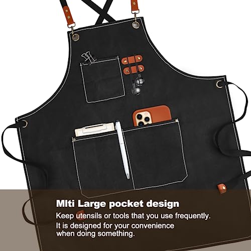 APRONPANDA Cross-Back Chef Aprons for Men Women with Pockets,Cotton Canvas Adjustable Cooking Work Apron for Kitchen - color: Black