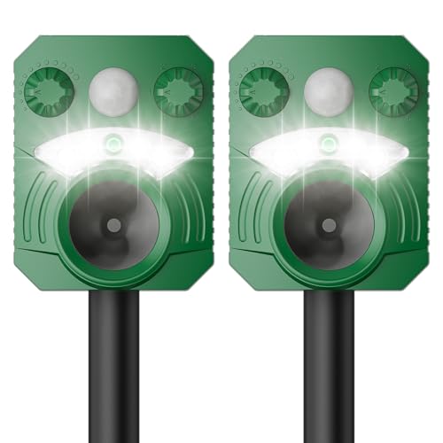 2 Pack Cat Repellent Outdoor Deer Repellent Device Dog Repeller Solar Animal Repellent Ultrasonic Squirrel Repeller Waterproof Racoon Fox with Motion Activated Sensor Flashing Light (Green)