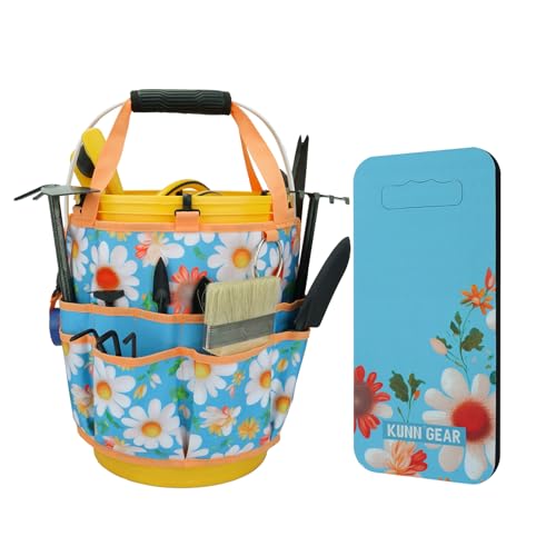 KUNN 5 Gallon Garden Bucket Tool Organizer & Kneeling Pad Set, 18-Pocket Heavy Duty Garden Caddy with Hangable Handle, Polyester Tool Bag with Grip Handle & Gardening Kneeling Pad for Women, Orange - color: Sunny Daisy