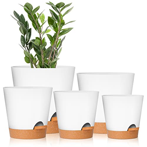 GARDIFE Plant Pots 7/6.5/6/5.5/5 Inch Self Watering Planters with Drainage Hole, Plastic Flower Pots, Nursery Planting Pot for All House Plants, African Violet, Flowers, and Cactus,White - color: 7-white, size: 7+6.5+6+5.5+5 inch