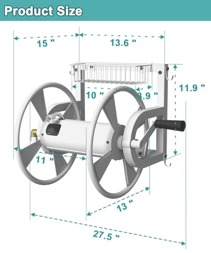 Artigarden Outdoor Wall Mounted Hose Reel with Hook, Garden Heavy-Duty Water Hose Holder Winder with 3.9 ft Leader Hose, Brass Fitting and Storage Basket for Yard, Holds 125 Ft of 5/8-Inch Hose, White - color: White