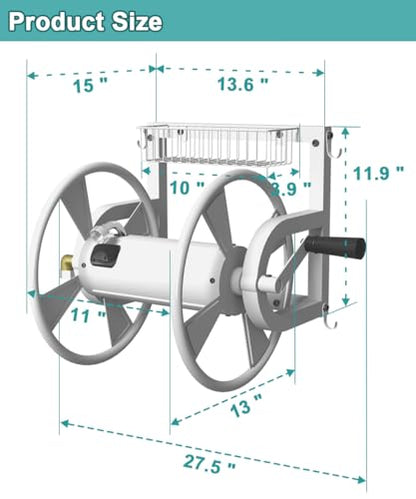 Artigarden Outdoor Wall Mounted Hose Reel with Hook, Garden Heavy-Duty Water Hose Holder Winder with 3.9 ft Leader Hose, Brass Fitting and Storage Basket for Yard, Holds 125 Ft of 5/8-Inch Hose, White - color: White