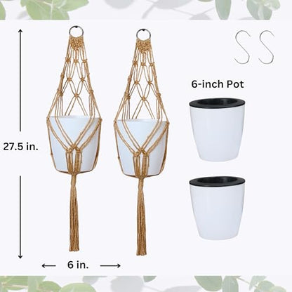2 Packs Macrame Plant Hanger with Self-Watering Pots (6 inch) - size: Large