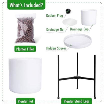 D'vine Dev Cylinder Planter Pot with Metal Stand, White, 10 in, 96-T-A-2 - color: White, size: Medium 10 Inch