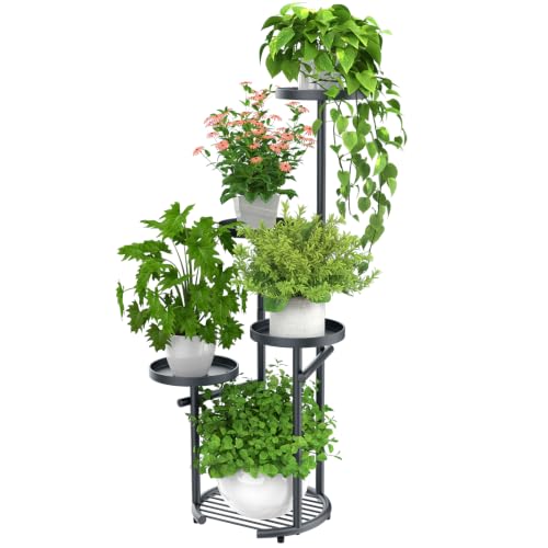 TOSKING Tall 5-Tier Round Metal Corner Plant Stand Indoor, Anti-Tip, Gray - color: Gray, size: 5-Tier Round Base