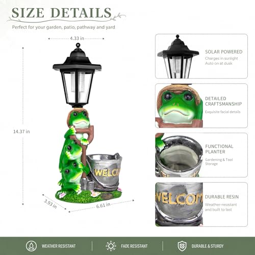 Solar Frog Outdoor Garden Statue with Flowerpot & Lantern - color: Frog