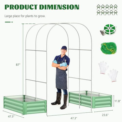 3 in 1 Galvanized Raised Garden Bed with 87" H Arch Trellis - color: Cyan Green, size: 47.3" Lx 24" Wx 12"H