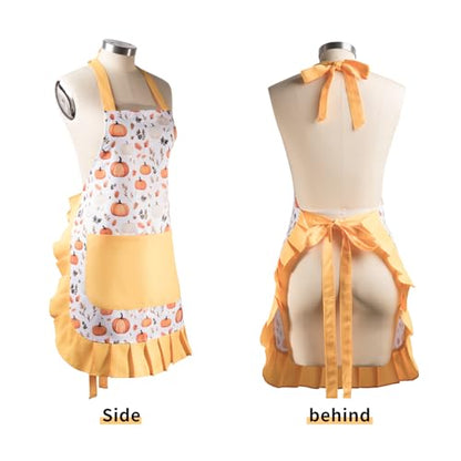 Retro Floral Apron for Women With Pockets for Cooking & Gifting - color: Pumpkin