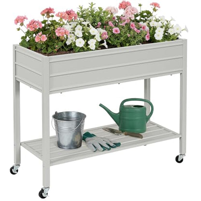 32" Tall Galvanized Raised Garden Bed with Legs Wheels & Shelf, Grey - color: Gray
