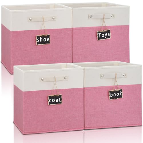 Storage Cubes,13 x 15 x 13 storage cubes,Foldable Fabric Storage Cubes with Labels 4 Pack,Linen Cube Storage Organizer Bins Kallax Storage Cubes for Organizing Shelves Cabinet(White pink). - color: White & pink-4pack, size: 15''x13''x13''