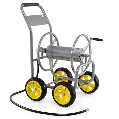 Goplus Garden Hose Reel Cart, 330ft 5/8" or 400ft 1/2" Large Capacity, Heavy-Duty Metal Hose Cart w/4 Wheels, Portable Water Hose Organizer for Outdoor Yard Planting Lawn - color: Silver, size: 330 FT 5/8" Hose