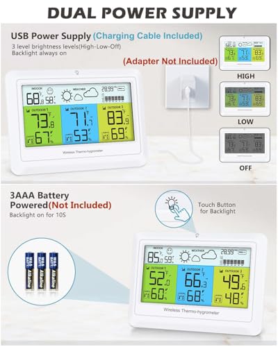 Indoor Outdoor Thermometer Wireless Weather Station 3 Sensors