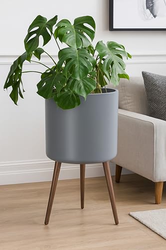D'vine Dev 16 Inch Planter Pot with Wood Stand, Grey, 88-O-E-3 - color: Matte Grey, size: XX-Large