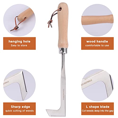 Crack Weeder,Stainless Steel Crevice Weeding Tool with Wood Handle