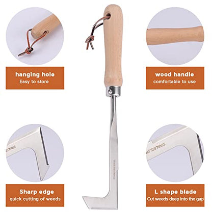 Crack Weeder,Stainless Steel Crevice Weeding Tool with Wood Handle