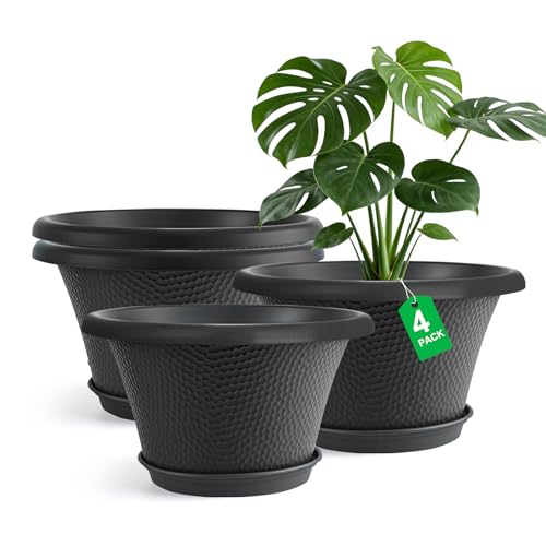 Quarut 12 Inch Pots for Plants,4 Pack Large Flower Pots with Drainage Hole - color: Diamond Pattern-black, size: 12 inch-4 Pack