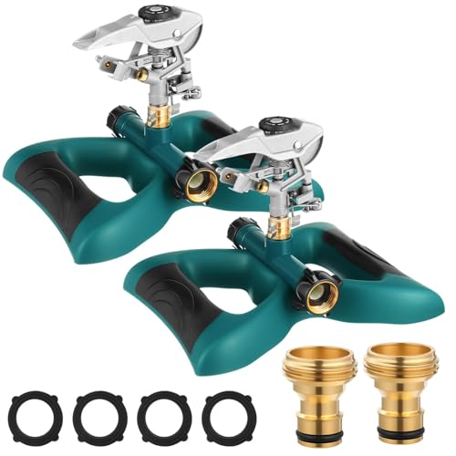 Jingmore Lawn Impact Sprinkler Heavy Duty Rotating Adjustable Pulsating Water Sprinkler Head with Metal Base, Adjustable Spraying Area and Distance for Garden Lawn Yard Irrigation (Blue,2 Packs)