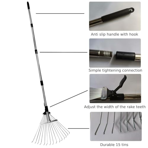 Adjustable Leaf Rake & 53 Gallon Bag, 33-68" Extendable Telescoping Yard