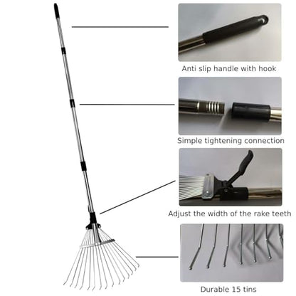 Adjustable Leaf Rake & 53 Gallon Bag, 33-68" Extendable Telescoping Yard
