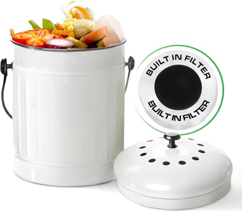 Plexon 1.5 Gallon Countertop Compost Bin with Lid, White – Odorless Metal Compost Container for Kitchen, Charcoal Filtered Food Waste Pail, Compact and Durable for Indoor Use