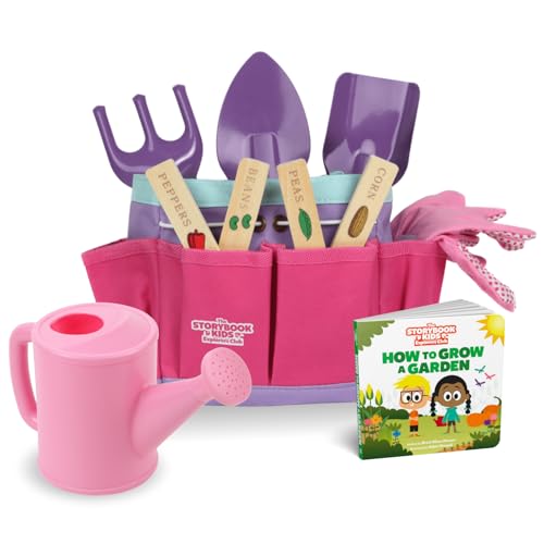 Pink Kids Gardening Tools - Includes Sturdy Tote Bag, Watering Can, Gloves, Shovels, Garden Stakes, and a Delightful Children's Book How to Garden Tale - Kids Garden Tool Set for Toddler Age on up. - color: Pink