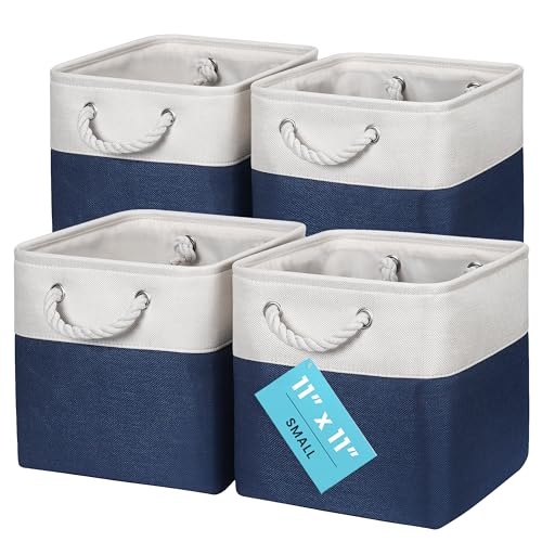 OrganiHaus 11x11 Cube Storage Bins, 4-Pack Fabric Cubes, Rope Handles - color: Navy Blue Base / Off-White, size: 4 pcs (11x11)