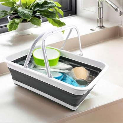 SAMMART Collapsible Basket with Handle 8L (2.1 Gallon) - Portable Outdoor Picnic Basket/Crate - Foldable Basin for Washing Dishes,Camping,Hiking (White/Steel Grey (Set of 2)) - color: White/Steel Grey (Set of 2)