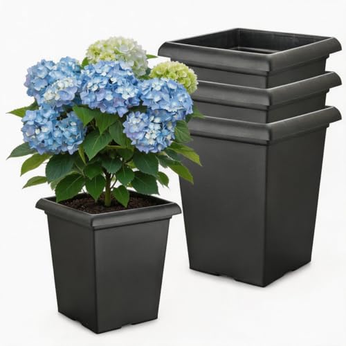 10 inch Heavy Duty Square Planters - 4 Pack Deep 13 inch Plastic Plant Pot - color: Black