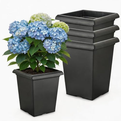 10 inch Heavy Duty Square Planters - 4 Pack Deep 13 inch Plastic Plant Pot - color: Black