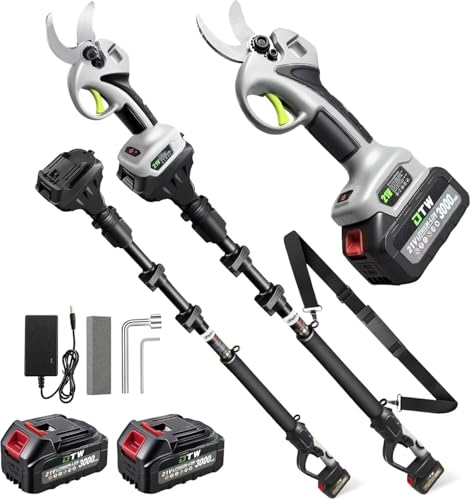 Electric Pruning Shears with Pole,Cordless Pruning Shears with LCD Display＆SK7 Blades-Adjustable Cutting Diameter0.59-1.2"＆21V 2 x 3.0Ah Rechargeable Batteries,LCD Display (Gray)