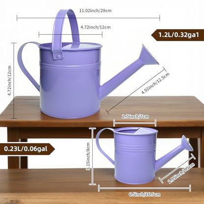Small Metal Watering Can Set, Pink, 1.2L and 0.23L Garden Cans with Long Spout, Indoor Outdoor Plant Care (Purple) - color: Purple