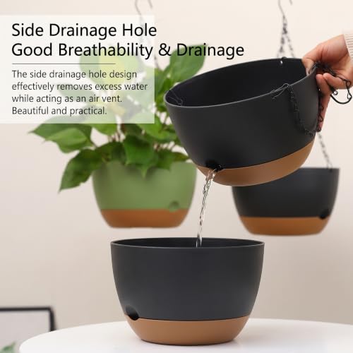 2 Pack Self Watering Hanging Planters: 9.7 Inch Pots with Chain Tray, Black - color: Black