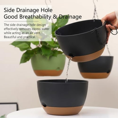 2 Pack Self Watering Hanging Planters: 9.7 Inch Pots with Chain Tray, Black - color: Black