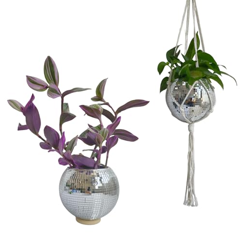 Disco Ball Hanging Plant Pots, Boho Silver Mirror Disco Planter with Chain Hook and Macrame Rope for Indoor Outdoor Decor and Wooden Stand for Desk,Self Watering Insert Pots