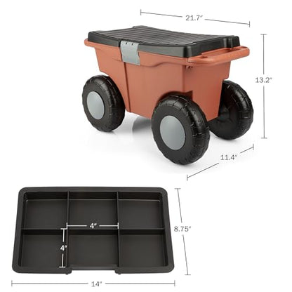 Pure Garden Rolling Garden Cart with Seat, Terracotta - color: Terracotta