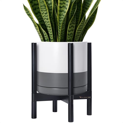 D'vine Dev Ceramic Pot with Ebony Wood Stand, White/Grey, 12 in, 55-B-H-6 - color: White/Grey Pot + Ebony Stand, size: 12 Inch