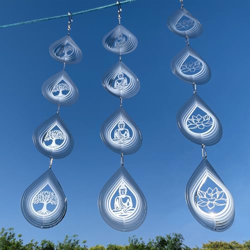 12Pcs Bird Scare Discs Set Reflective 3D Stainless Steel Wind Spinner Outdoor Garden Hanging Decor, Bird Devices Deterrent Reflectors to Scare Birds Away from (Buddha, Lotus, Tree of Life) - color: Buddha