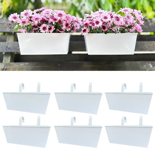 LaLaGreen Hanging Planter Box (14 in, 6 Pack) White Metal Deck Rail Pots - size: 14"(36cm) x 6 pack