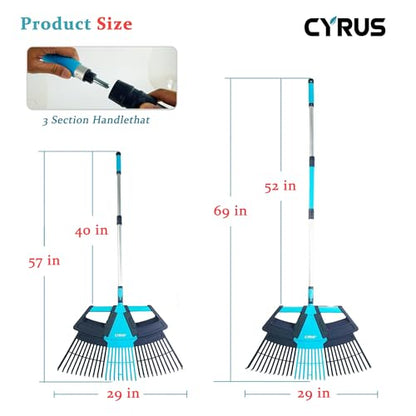 CYRUS 3-in-1 Garden Leaf Rake Adjustable PP Plastic 30-Tine Yard Rake