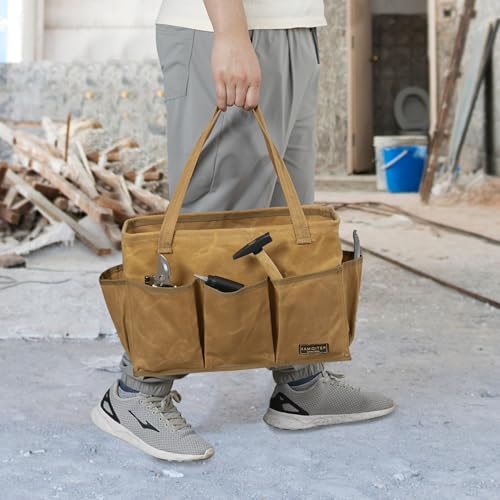 Durable 16OZ Waxed Canvas Tool Bag with Metal Frame, 15.5 Inch Large Collapsible Storage Tool Tote(Khaki | 15.5 X 7.5 X 10.5in) - color: Khaki, size: 15.5 Inch
