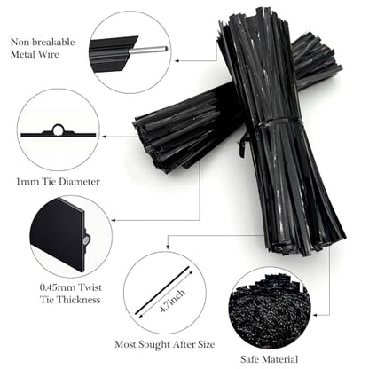800-Pack Premium Black Plastic-Coated Twist Ties – Durable, Reusable Bag and Cord Fasteners for Home, Garden, and Travel Use