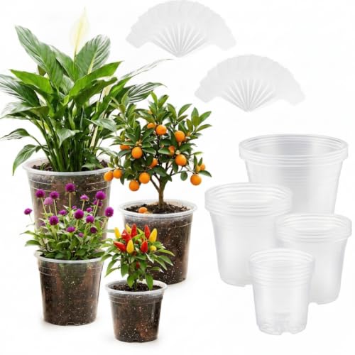 16 Pack 10/7/6/5 Inch Clear Nursery Pots with Drainage Holes, Large Clear Plastic Pots with Plant Labels, Nursery Pots for Seedlings, Herbs, Vegetables, Flowers