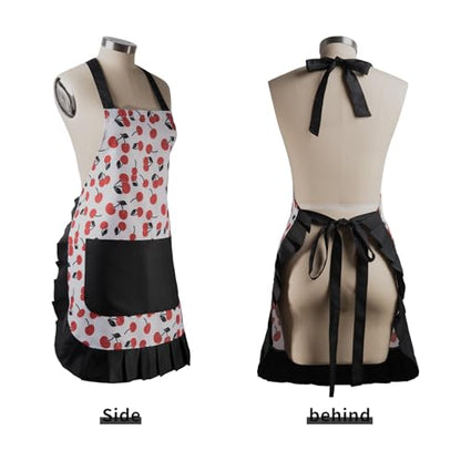 Retro Floral Apron for Women With Pockets for Cooking & Gifting - color: Cherry