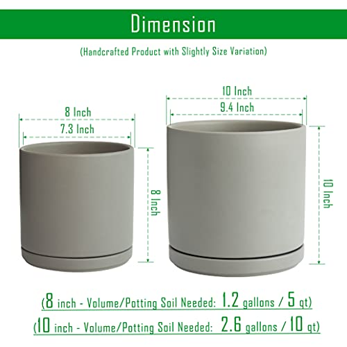 D'vine Dev 2-Pack Ceramic Pots with Saucers, 8/10 in, Grey, 94-G-L-3 - color: Gray, size: Large