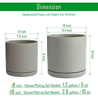 D'vine Dev 2-Pack Ceramic Pots with Saucers, 8/10 in, Grey, 94-G-L-3 - color: Gray, size: Large