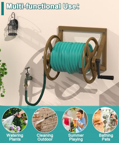 Artigarden Garden Hose Reel Wall Mounted, Outdoor Heavy Duty Powder Coated Metal Water Hoses Holder Winder Holds 125 ft 5/8" Hoses with 3.9ft Leader Hose, Stainless Steel Connector for Outside, Brown - color: Brown
