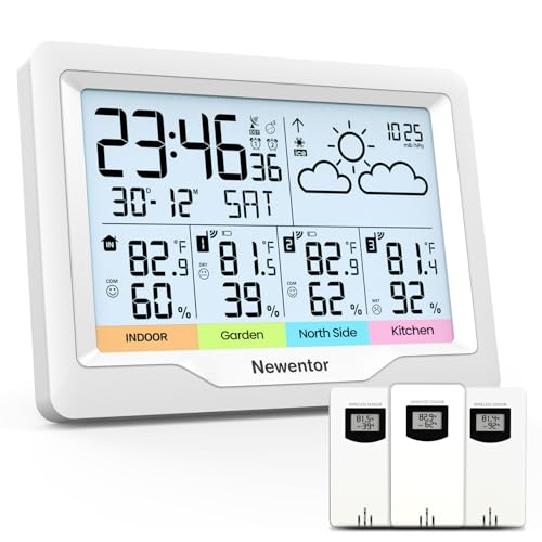 Newentor Weather Station with 3-Sensor, Indoor Outdoor Thermometer Wireless - color: White